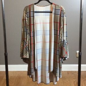 Plaid Open-Front Kimono Jacket in Beige and Cream